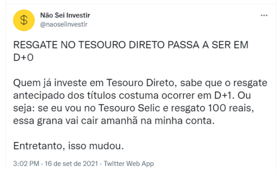 Mudança no prazo de resgate do tesouro direto